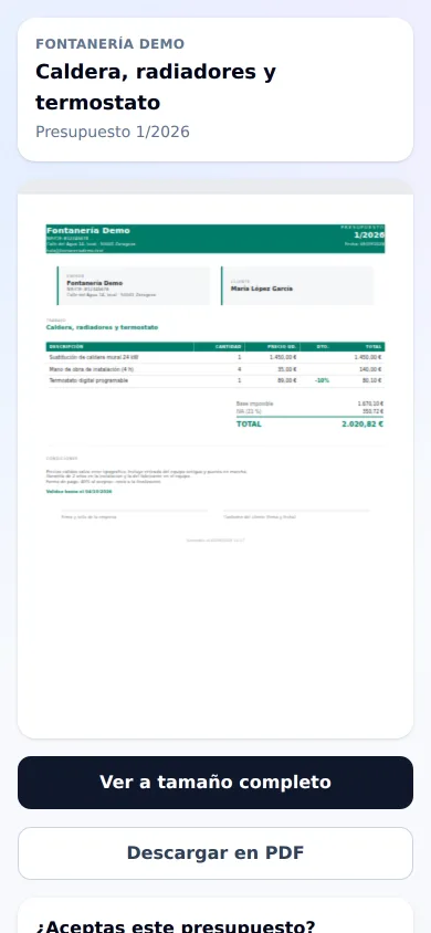 El mismo presupuesto en el móvil del cliente, con el documento y el espacio para firmar con el dedo