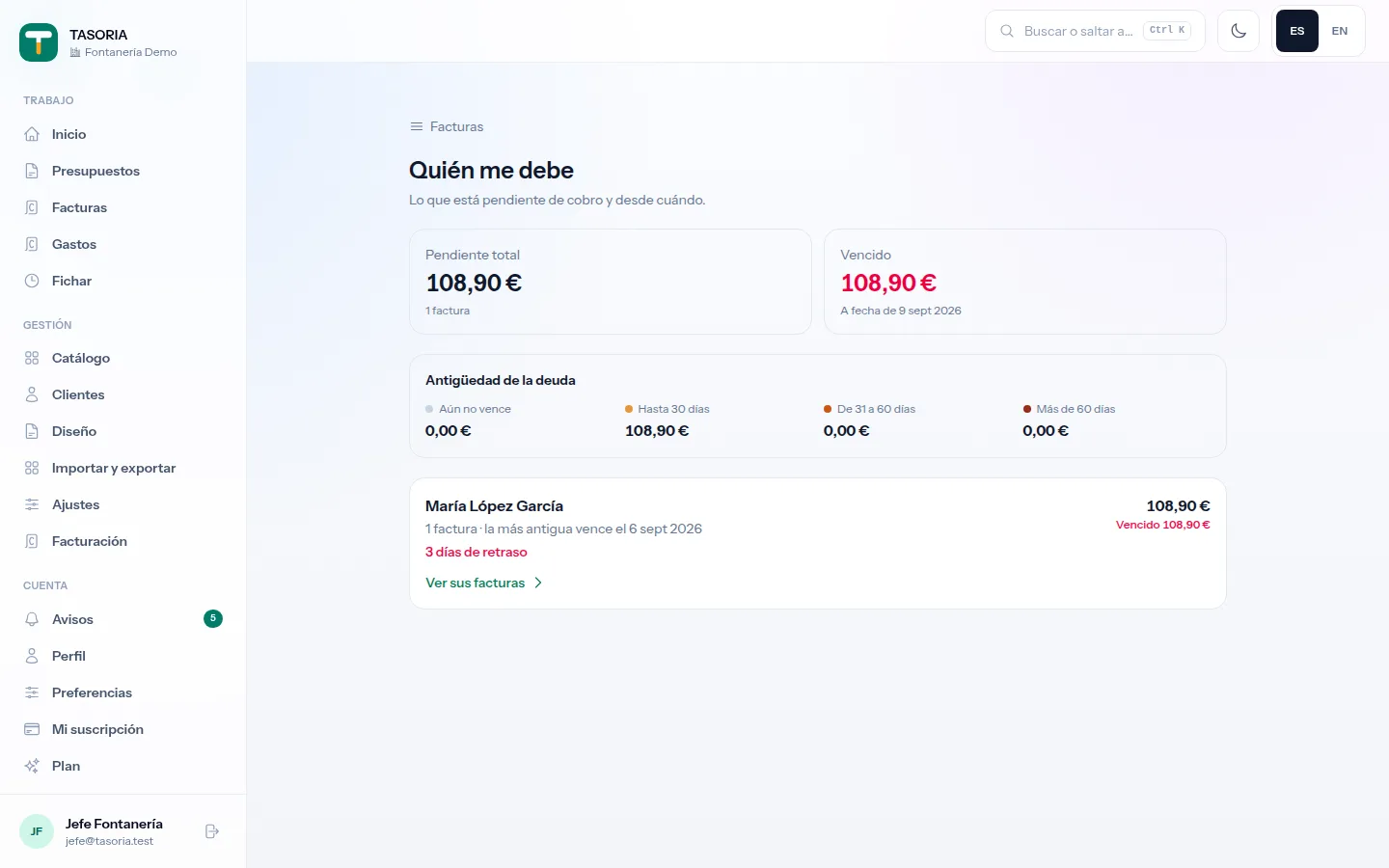 Pantalla de cobros pendientes, con lo vencido y desde cuándo, cliente por cliente