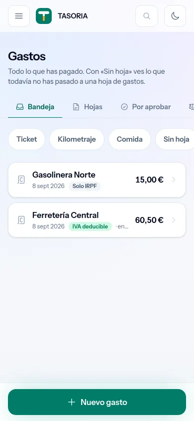 La bandeja de gastos de TASORIA, con el veredicto fiscal de cada uno