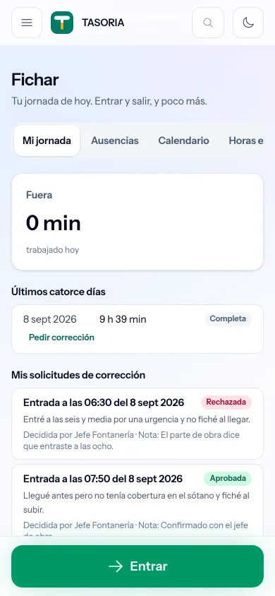 La pantalla de fichar de TASORIA, con la jornada del día