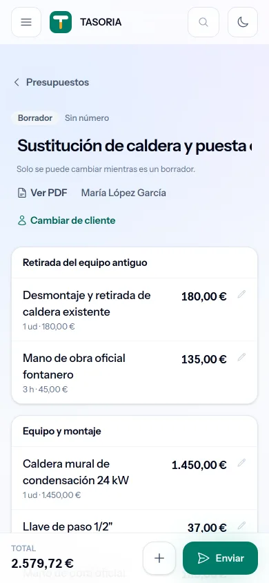 La lista de presupuestos de TASORIA en un móvil