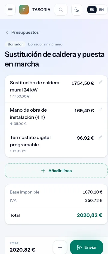 La pantalla de TASORIA en un móvil, con un presupuesto listo para enviar